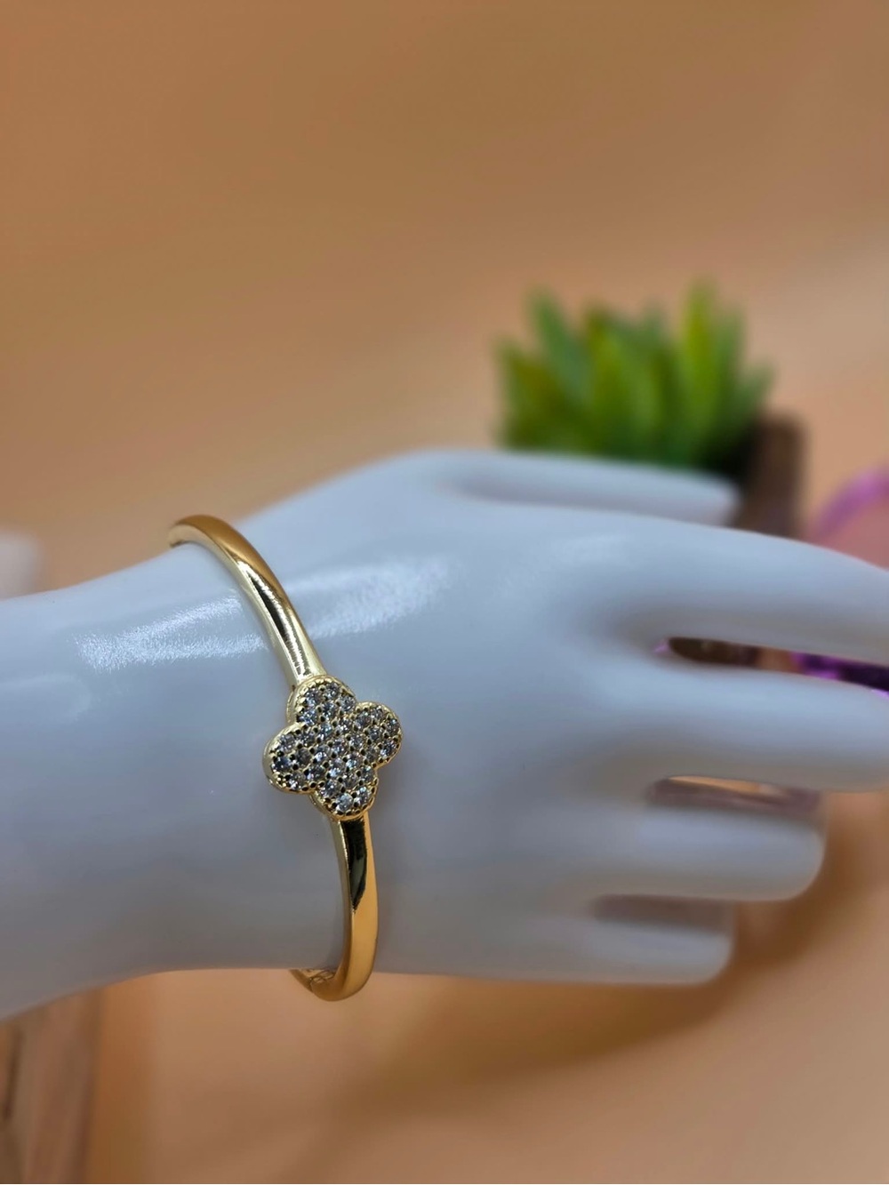 Gold Plated Pavé Clover Bangle Bracelet - Women Jewelry